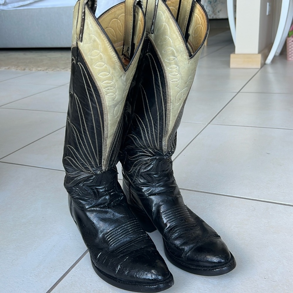 Black leather high Tony Lama handmade boots